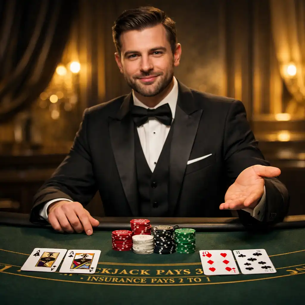 Profesjonalny krupier prowadzący rozgrywkę blackjacka przy eleganckim stole