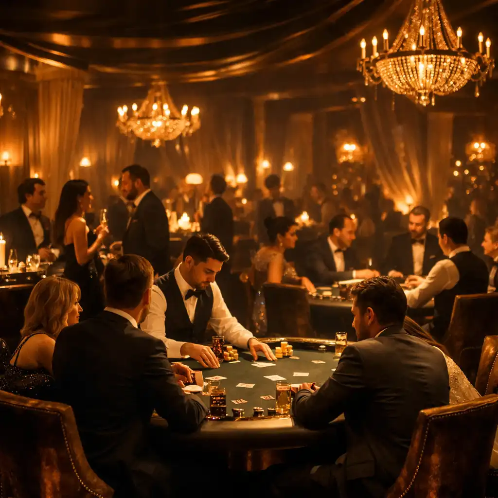 Luksusowa, nastrojowa scenografia wieczoru pokerowego w stylu premium