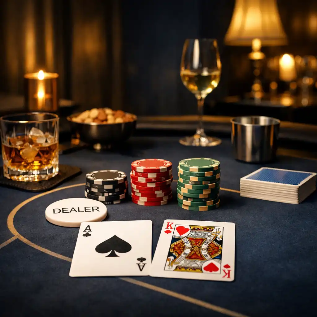 Ekskluzywne ustawienie stołów do pokera, ruletki i blackjacka w eleganckiej przestrzeni eventowej