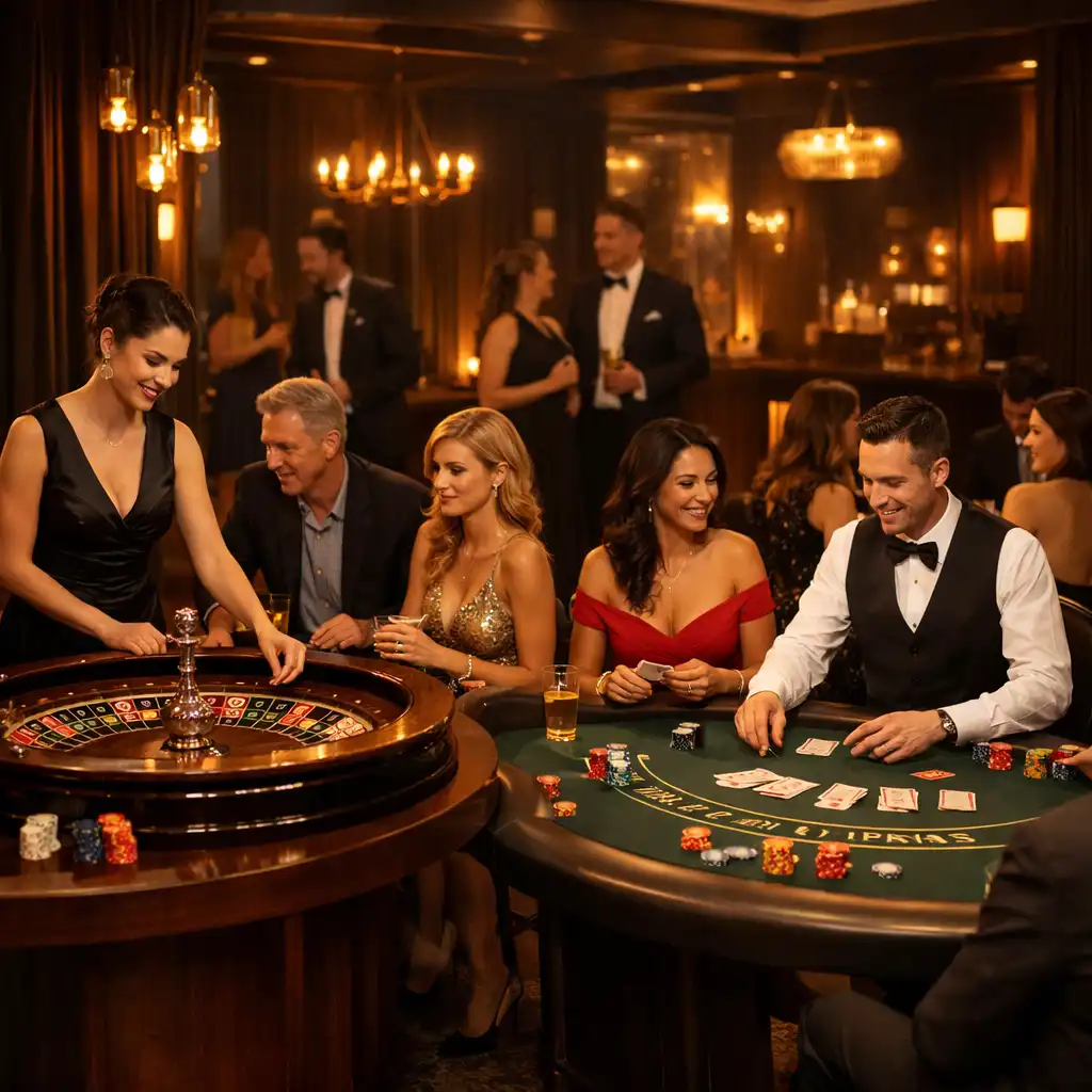 Stół do ruletki i blackjacka podczas eleganckiego wydarzenia rekreacyjnego
