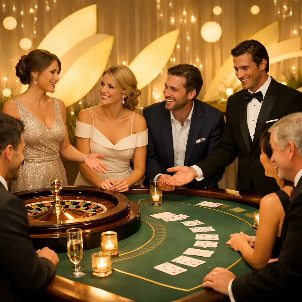 Goście bawiący się przy stołach do ruletki i blackjacka podczas eleganckiego eventu